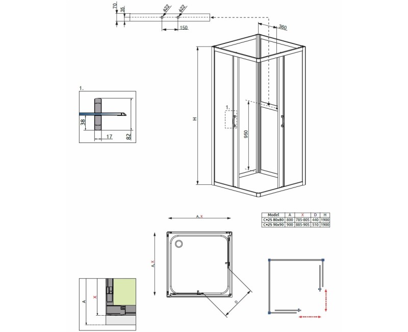 Radaway Dušas kabīne Premium Plus C+2S 80x80 cm