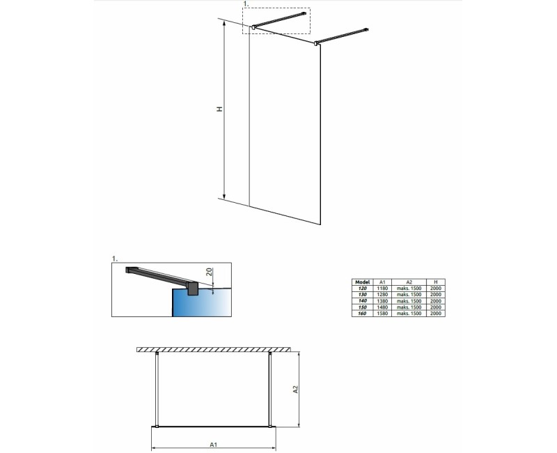 Radaway Душевая стенка Modo New Black I 150x200cm