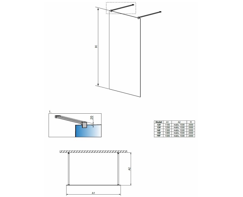 Radaway Dušas siena Modo New I 140x200cm