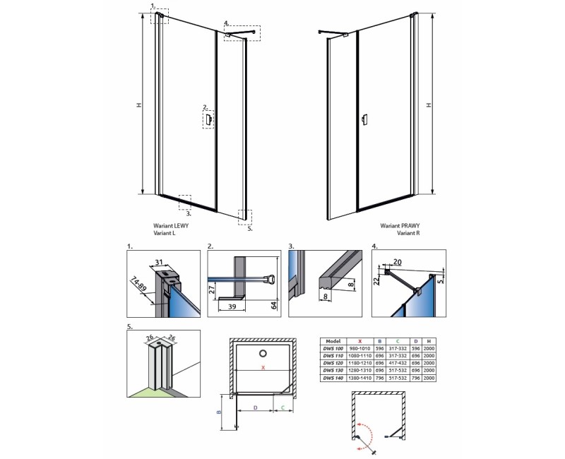 Radaway Dušas durvis NES DWS 120 L/R