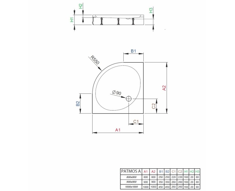 Radaway Dušas paliktnis pusapaļš Patmos A 100x100 ,balts
