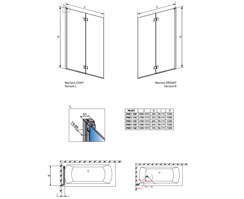 Radaway vannas sieniņa NES PND I 130 cm