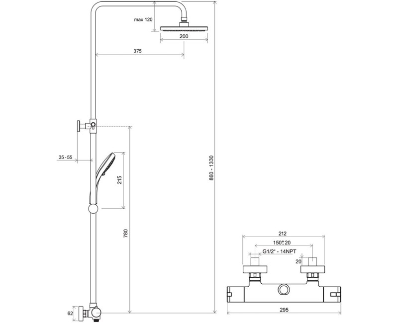 RAVAK Termostata dušas sistēma TE 091.00/150, X070058