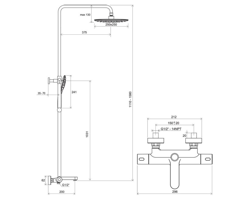 RAVAK Termostata vannas/dušas sistēma TE 092.00/150, X070098