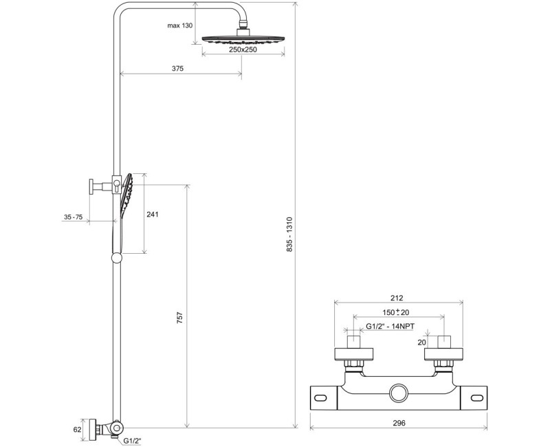 RAVAK Termostata dušas sistēma TE 093.01/150, X070164