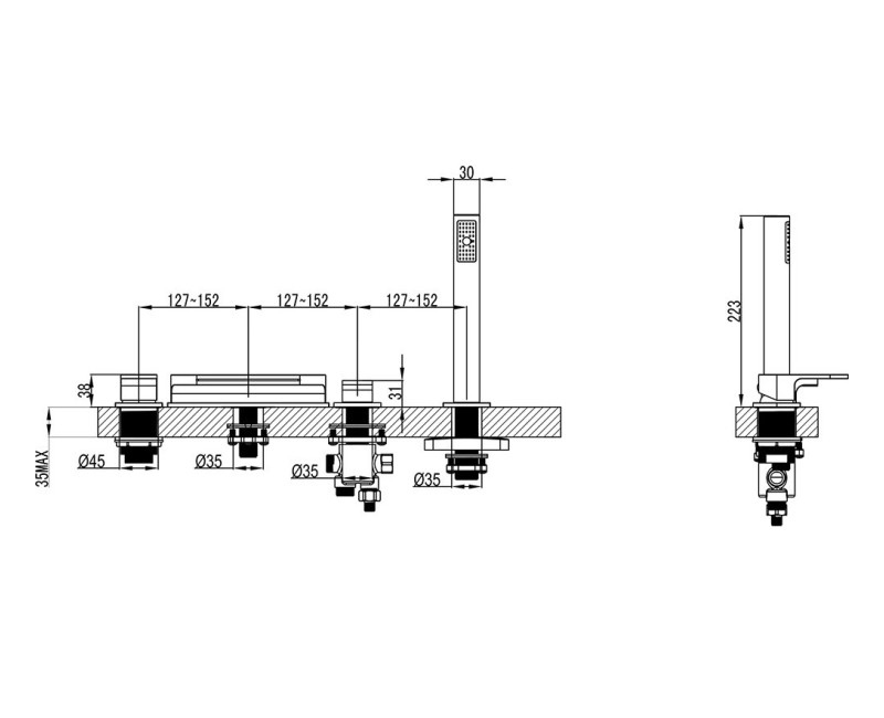 RAVAK 4-daļ. Maisītājs uz vannas malas ar kaskādi, CR 025.00, X0