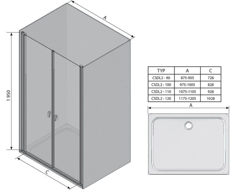 RAVAK Душевые двери Chrome CSDL2 90 cm, блестящий