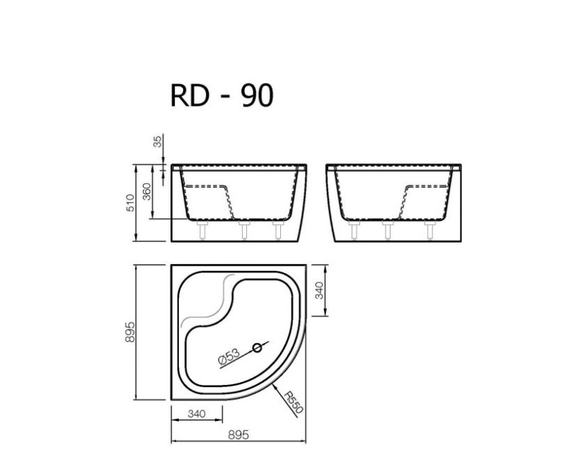 Vispool Душевой поддон глубокий полукруглый RD-90, 900x900