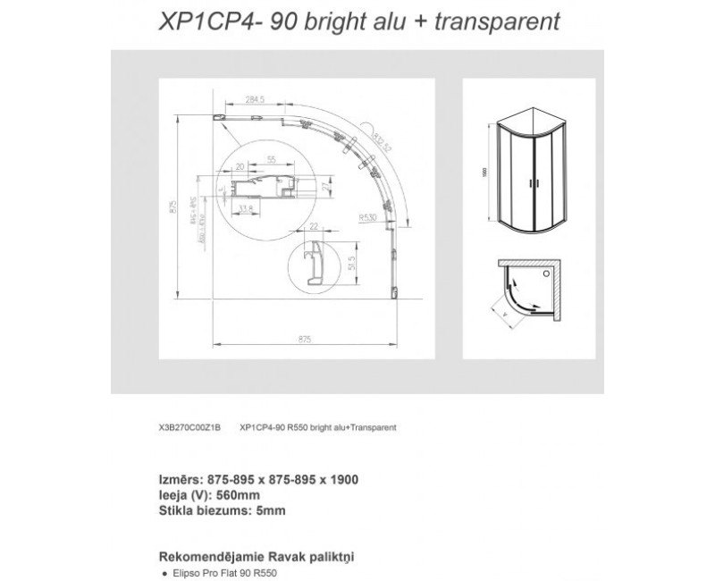 RAVAK Душевой уголок полукруглый XP1CP4 90, стекло