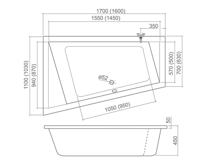 Roltechnik Vanna KUBIC ASYMMETRIC 170x110 cm