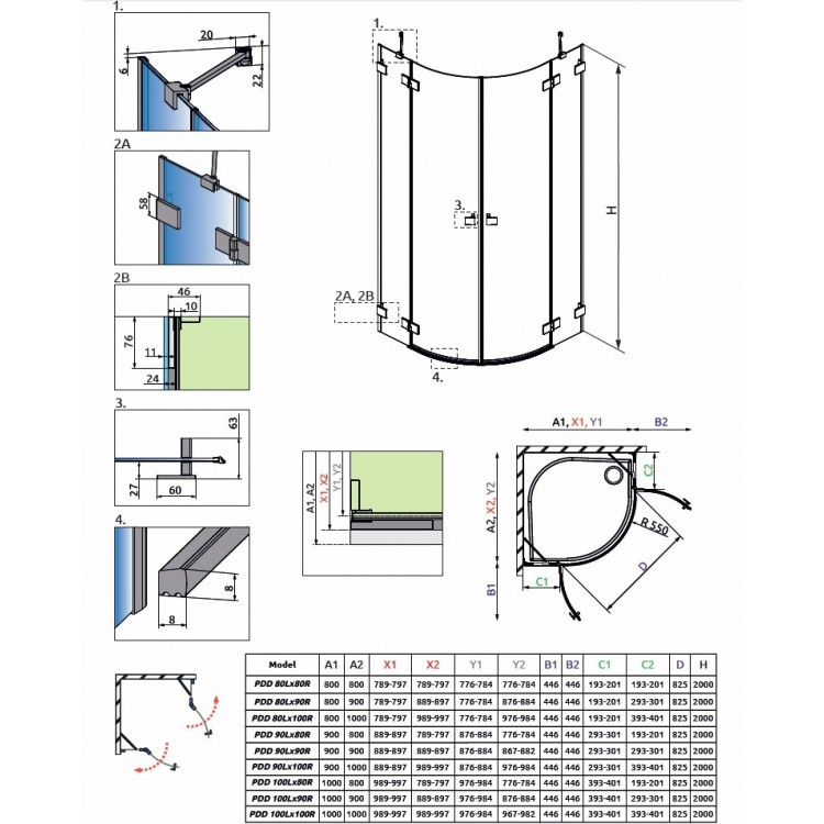 Radaway Pusapaļa dušas kabīne Essenza Pro PDD 80x80 cm