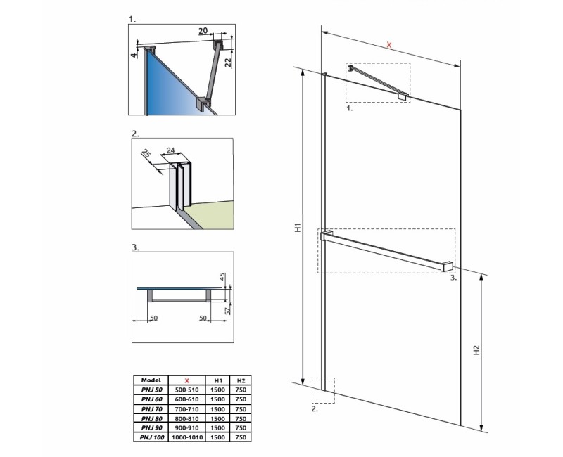Radaway Vannas sieniņa IDEA PNJ ar dvieļu turētāju 50 cm