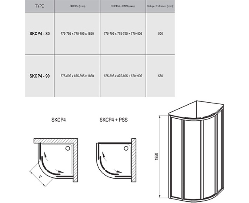 RAVAK Душевой уголок полукруглый SKCP4 90x90см, сатин/полистирол