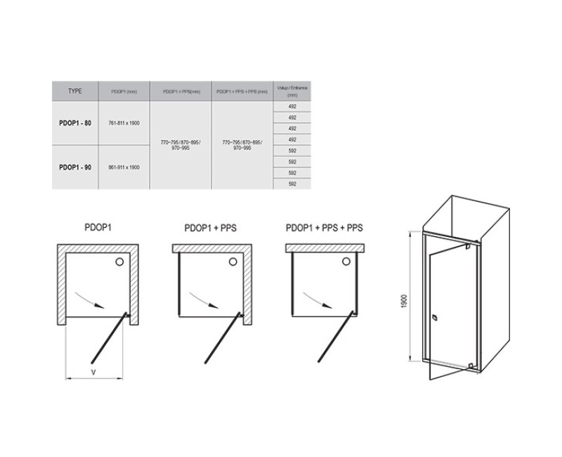 RAVAK Dušas durvis PIVOT PDOP1 90cm, melns