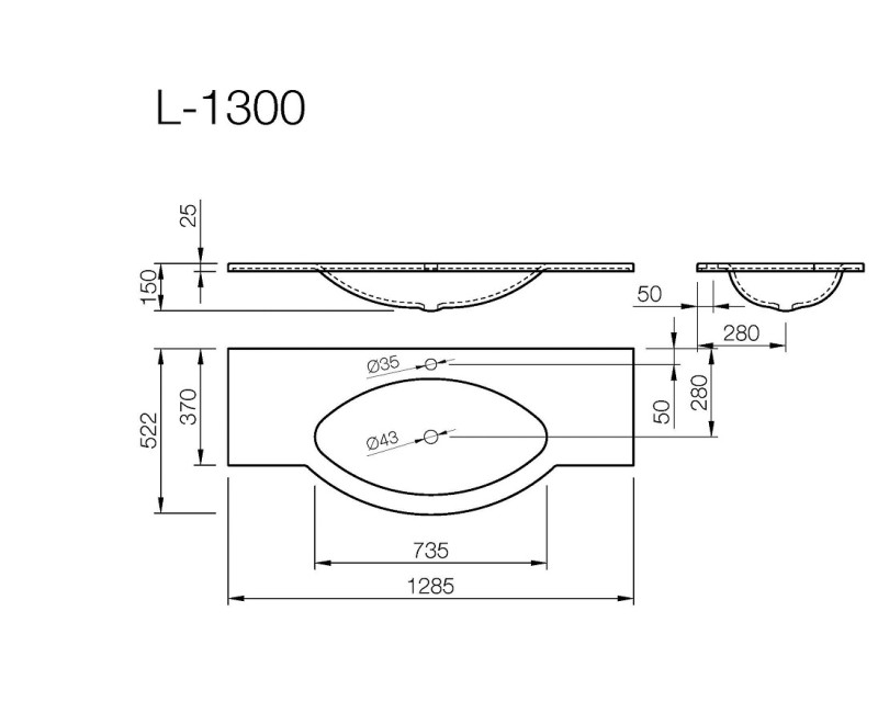 Vispool Раковина L-1300 130x52 см, белая