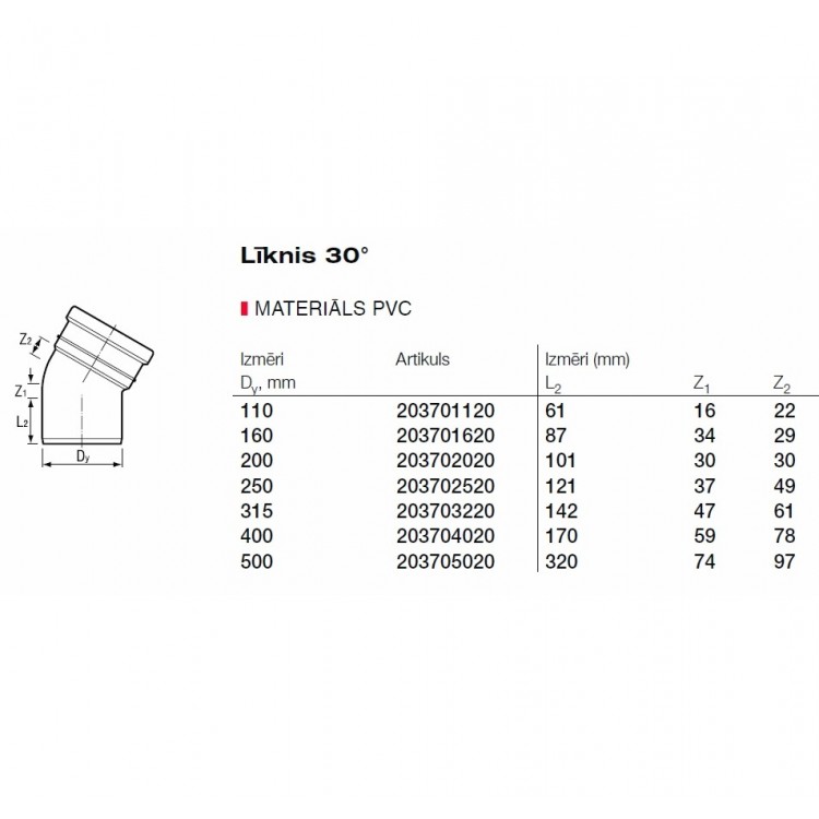 PVC Ārdarbu kanalizācijas līkums DN250 30° PVC Ārdarbu kanalizācijas līkums DN250 30°