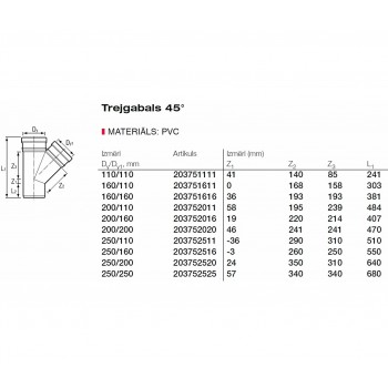 ПВХ Тройник для наружной канализации Dn250/250 45°