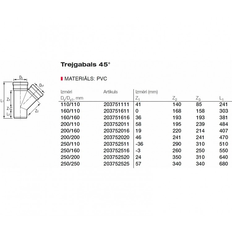 PVC Ārdarbu kanalizācijas atzars Dn250/110 45°