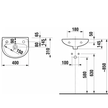 Vannas iztabas izlietne Jika Lyra Plus, 400x310 mm, maisītāja caurums labajā pusē, balta