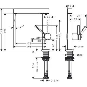 Vannas istabas izlietnes maisītājs Hansgrohe Finoris 230 ar Push-Open vārstu, birstēts melns hroms 76060340