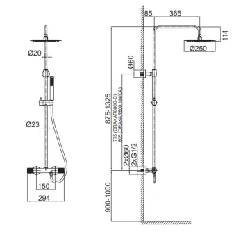 Dušas sistēma O'DESIGN DRAKAR ar termostatu, dušas galva 250mm, rokas duša Hromēta DRAK800C-C