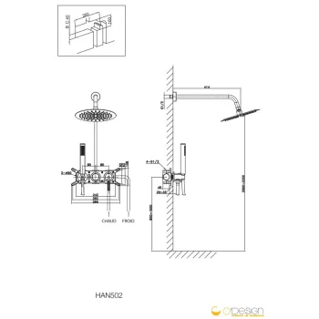 Dušas sistēma O'DESIGN HANAE iebūvējama ar Dušas galvu un rokas dušu Hromēta HAN502C