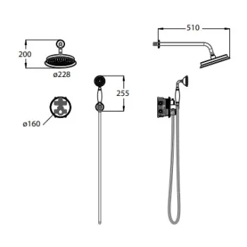 Dušas sistēma O'DESIGN ICARE Iebūvējama ar Termostatu dušas galva 22.8cm, rokas duša Hromēta ICA802C