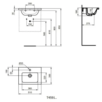 Mēbeļu izlietne Ideal Standard  i.Life S 51x39x18 cm, ar pārplūdes atveri, jaucējkrānam, balta T459101