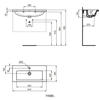 Mēbeļu izlietne Ideal Standard i.Life S 81x39x18 cm, ar pārplūdes atveri, jaucējkrānam, balta T458901