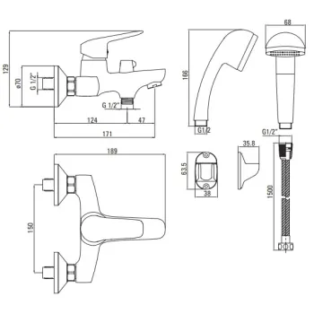 Vannas / Dušas Maisītājs Deante Boro, ar dušas komplektu Hromēta BMO_011M