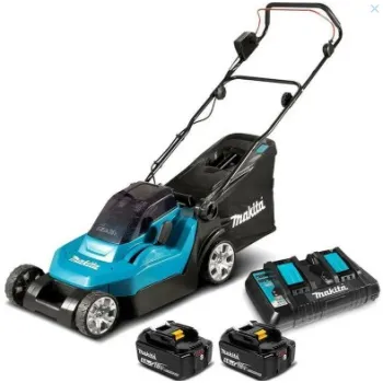 Zāles pļāvējs Makita 18 V akumulatora, 38 cm pļaušanas platums, 2 x 5,0 Ah LXT akumulatori, DLM382PT2 lādētājs