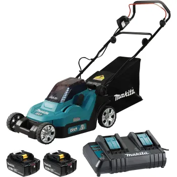 Zāles pļāvējs Makita 18 V akumulatora, 38 cm pļaušanas platums, 2x litija jonu LXT 4,0 Ah akumulatori, DLM382CM2 lādētājs