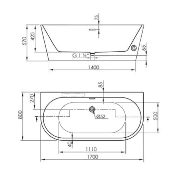 Brīvi stāvoša Vanna O'Design BOHEME-M 1700x800mm H=585mm Akrila, Balta Matēta