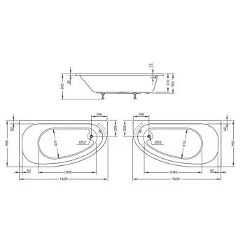 Hidromasāžas vanna O'Design Muse Essentiel, 1600x900mm, Kreisā, 6 hidro sprauslas, 560W