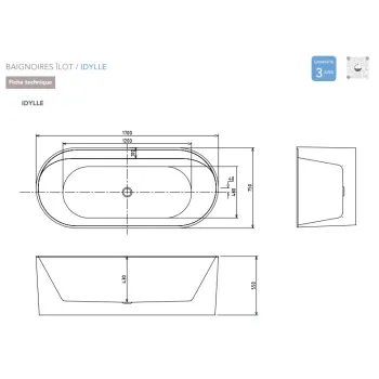 Brīvi stāvoša Vanna O'Design IDYLLE GA 1700x750mm H=550mm Akrila, Galet matt