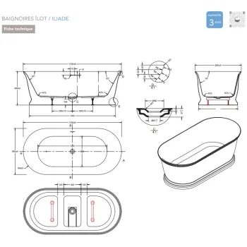 Brīvi stāvoša Vanna O'Design ILIADE 1695x800mm H=585mm Akrila, Balta Matēta