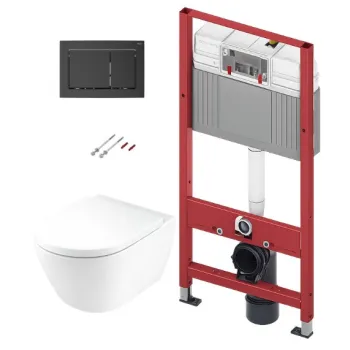 Tualetes poda komplekts TECEbase rāmis ar Duravit D-Neo Rimless podu, SoftClose Slim vāku un TECEnow Melnu pogu