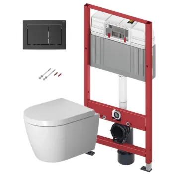 Tualetes poda komplekts TECEbase rāmis ar Duravit ME by Starck Rimless podu, SoftClose Slim vāku un TECEnow Melnu pogu