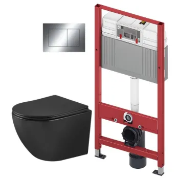 Tualetes poda komplekts TECEbase rāmis ar Kielle Oudee Vortex Rimless+ Melnu matētu podu, SoftClose vāku un TECEnow Hromētu pogu