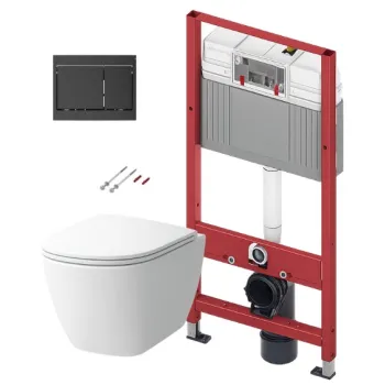 Tualetes poda komplekts TECEbase rāmis ar Laufen Lua Rimless podu, SoftClose vāku un TECEnow Melnu pogu