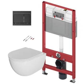 Tualetes poda komplekts TECEbase rāmis ar Laufen Pro Rimless podu, SoftClose Slim vāku un TECEnow Melnu pogu