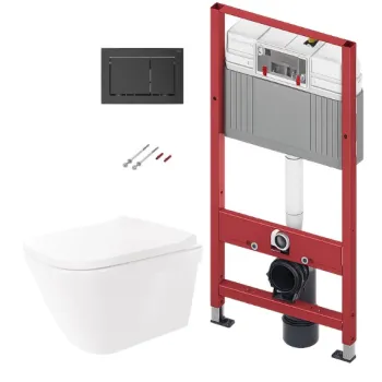 Tualetes poda komplekts TECEbase rāmis ar Sanindusa Look Rimless podu, SoftClose EasyClipp vāku un TECEnow Melnu pogu