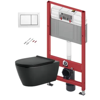 Tualetes poda komplekts TECEbase rāmis ar Sanindusa Urb.y 48 Rimless Melnu podu, SoftClose EasyClipp Slim vāku un TECEnow Baltu pogu