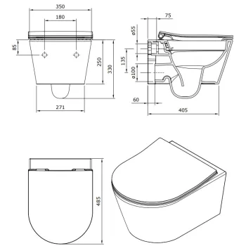 Tualetes poda komplekts TECEbase rāmis ar Sanindusa Urb.y 48 Rimless Pelēku podu, SoftClose EasyClipp Slim vāku un TECEnow Baltu pogu