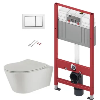 Tualetes poda komplekts TECEbase rāmis ar Sanindusa Urb.y 48 Rimless Pelēku podu, SoftClose EasyClipp Slim vāku un TECEnow Baltu pogu