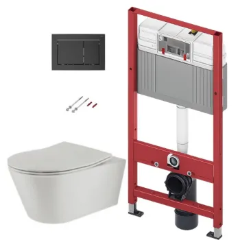 Tualetes poda komplekts TECEbase rāmis ar Sanindusa Urb.y 48 Rimless Pelēku podu, SoftClose EasyClipp Slimvāku un TECEnow Melnu pogu