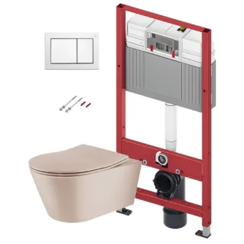 Tualetes poda komplekts TECEbase rāmis ar Sanindusa Urb.y 48 Rimless Taupe podu, SoftClose EasyClipp Slim vāku un TECEnow Baltu pogu