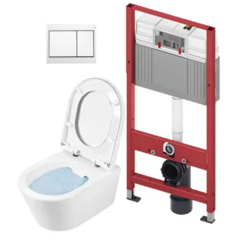 Tualetes poda komplekts TECEbase rāmis ar Sanindusa Urb.y 48 Rimless podu, SoftClose EasyClipp Slim vāku un TECEnow Baltu pogu