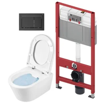Tualetes poda komplekts TECEbase rāmis ar Sanindusa Urb.y 48 Rimless podu, SoftClose EasyClipp Slimvāku un TECEnow Melnu pogu