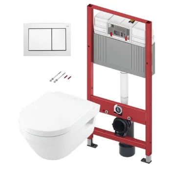 Tualetes poda komplekts TECEbase rāmis ar Villeroy & Boch Architectura Rimless podu, SoftClose Slim vāku un TECEnow Baltu pogu